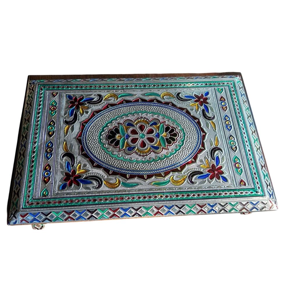 Vintage Meenakari Traditional Indian Decorative Silver Foil Tray